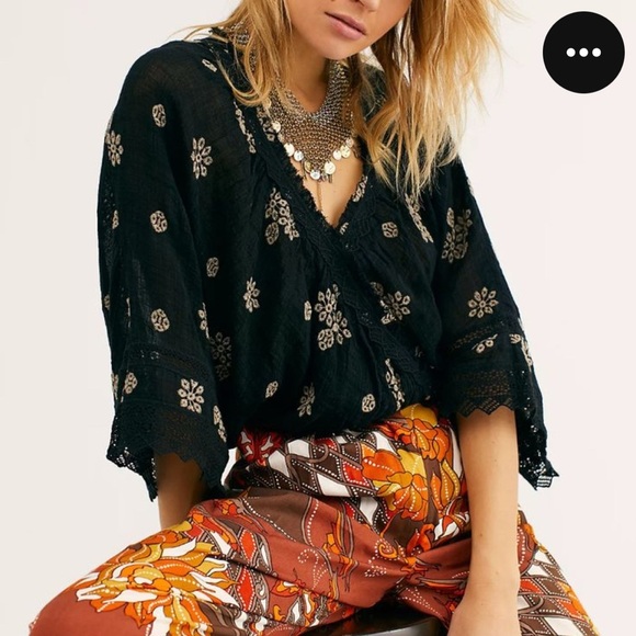 Free People Tops - Free People Love Somebody Black & Tan Embroidered Top w/Lace Trim (XS)